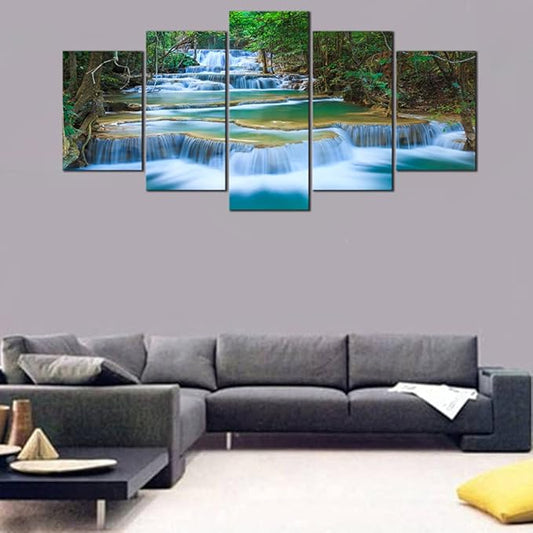 Wieco Art 5 Panels Peaceful Waterfall Giclee Canvas Prints Wall Art Paintings for Wall Decor Dining Room Kitchen Extra Large Modern Gallery Wrapped Artwork Green Landscape Pictures on Canvas XL