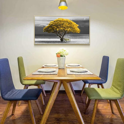 Framed Canvas Wall Art For Living Room & Bedroom - Large Size Black And White Scenery - Boho Home Decor - Yellow Trees - Natural Wood Frames