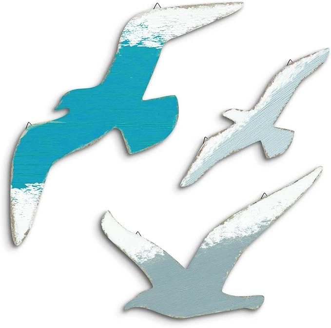 Putuo Decor 3pcs Wood Seagull Wall Decor Beach Wall Hanging Coastal Theme Wall Art Nautical Wall Sculpture Sea Birds Lake House Ocean Decor Vintage Ornaments for Home Bathroom