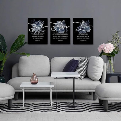 Faith, Hope & Love Bible Verse Inspirational Wall Art, Christian Canvas, A Great Religious Decor Gift for Living Room & Bedroom, (29 x 38cm x 3pcs) Framed (Black)