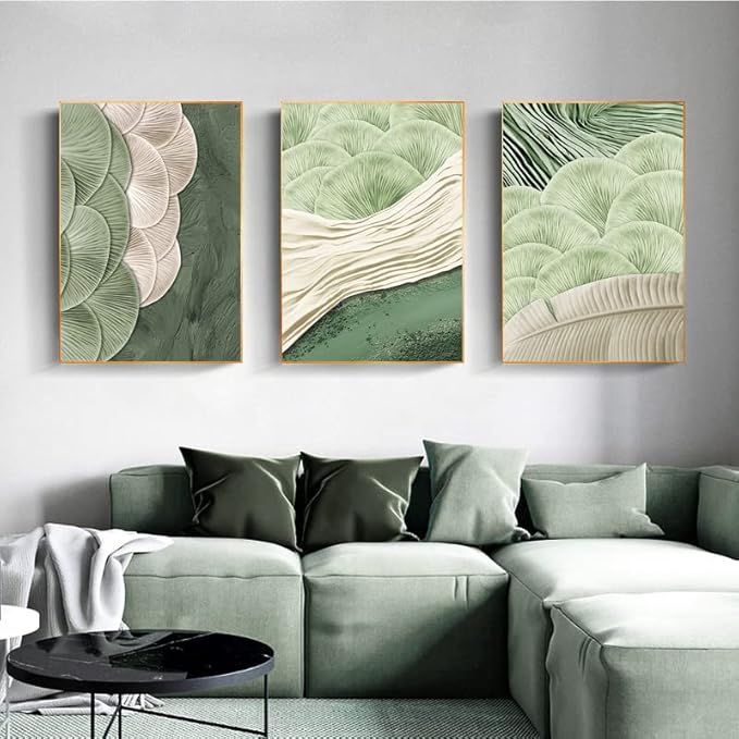 3Pcs Abstract Green Wall Art Mid Century Texture Wall Decor Posters Pictures Modern Minimalist Sage Green Ginkgo Leaf Canvas Paintings Prints for Bedroom Living Room Decoration Unframed