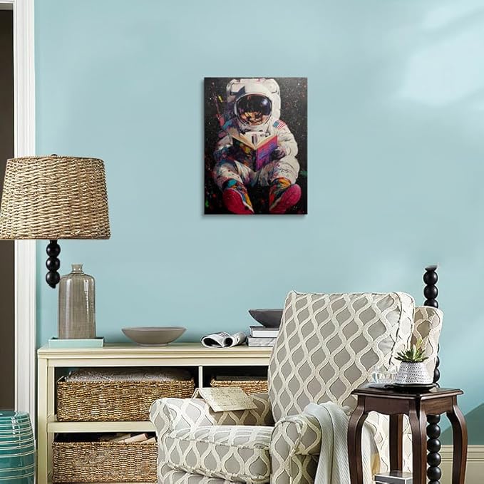 Colorful Pop Astronaut Outer Space Theme Classroom Decor Framed Graffiti Spaceman Contemporary Wall Art Canvas Cool Kids' Gifts Galaxy Prints Banksy Poster Universe Trippy Painting (12"x16")