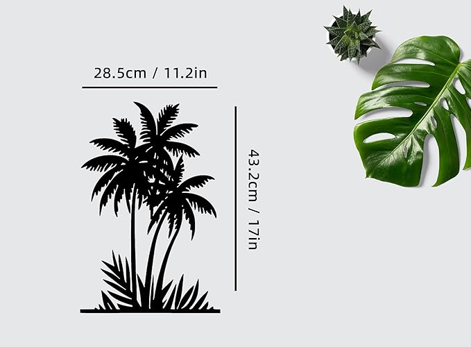 Benziso Metal Palm Tree Wall Art Tropical Plants Wall Decor Beach Theme Wall Sculptures Coastal Wall Hanging for Bathroom Living Room Indoor Outdoor（Black 11.2in x 17in）