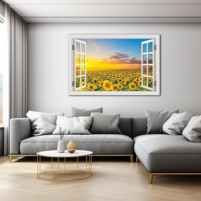 Sunflower Wall Art Decor Flower Canvas Pictures for Living Room Rustic Painting for Wall Window Style Sunset Art Prints for Bedroom Nature Floral Landscape Artwork for Home Office Kitchen Decorations,