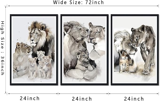 Watercolor Nature Animals Framed Canvas Wall Art 3 Pieces Lion Family Portrait Wall Decor for Country Apartment Living Room Bedroom Wildlife Animals Artwork Decoration Easy to Hand 24x36inchx3pcs