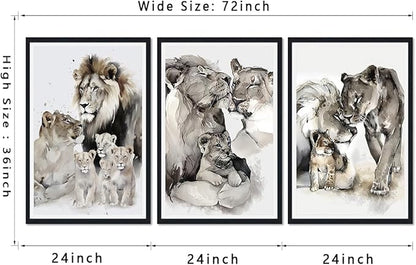 Watercolor Nature Animals Framed Canvas Wall Art 3 Pieces Lion Family Portrait Wall Decor for Country Apartment Living Room Bedroom Wildlife Animals Artwork Decoration Easy to Hand 24x36inchx3pcs