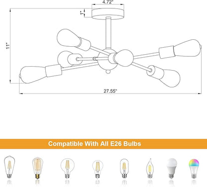 MEIXISUE Modern Semi Flush Mount Ceiling Light Fixture Black and Gold Close to Ceiling Light 6-Light Sputnik Chandelier Light Fixture for Hallway Entryway Bedroom Kitchen Dining Room UL Listed