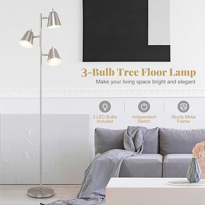 Tangkula 3-Light Floor Lamp, 64" Mid Century Modern 3 Light Tree, Standing Tall Pole Lamp with 3 A19 LED Bulbs and Adjustable Heads, 3 E26 Base, Reading Light for Living Room & Bedroom (Silver)