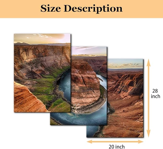 Pacimo 3 Piece Canvas Wall Art - Sunset Moment at Horseshoe Bend Colorado River Grand Canyon National Park Arizona Landscape Modern Home Art Decor Stretched and Framed Ready to Hang - 20"x28"x3 Panel
