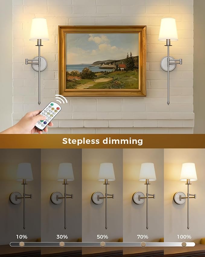 Joosenhouse Battery Operated Wall Sconces Set of 2, 24.8 Inch Brushed Nickel Wireless Dimmable Wall Lamp with Remote Control, Easy Install Wireless Lighting for Bedroom, Living Room, Hallway