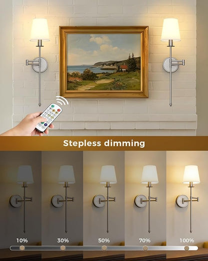 Joosenhouse Battery Operated Wall Sconces Set of 2, 24.8 Inch Brushed Nickel Wireless Dimmable Wall Lamp with Remote Control, Easy Install Wireless Lighting for Bedroom, Living Room, Hallway