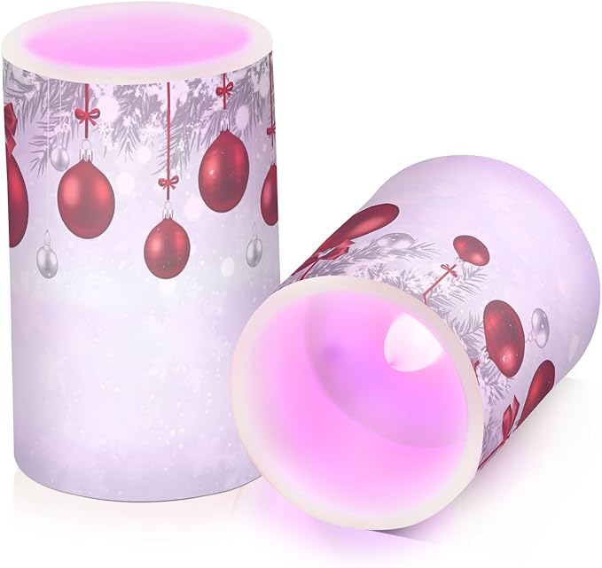 Christmas Lights Decorations Flameless Candles New Year Fir Branches Red Christmas Balls Pillar Candles Set of 2 Battery Operated Remote Control Warm Lights