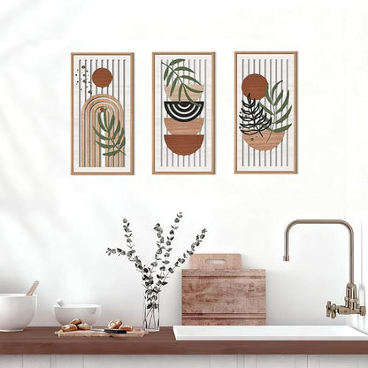 IARTTOP Boho Mid-century Modern Wood Wall Art 8x16 Inch Framed Bohemian Abstract Wooden Wall Decor Set of 3 Minimalist Orange Leaf Wall hanging for Living Room Bedroom Office