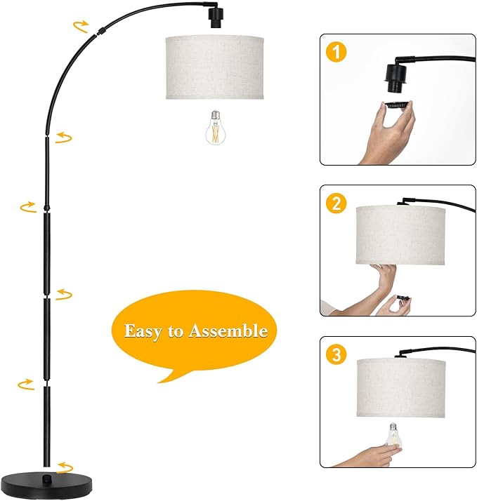 DWTB Black Arc Floor Lamps for Living Room,Modern Standing Lamp with Adjustable Drum Lampshade Tall Pole Lamp with Foot Switch Over Couch Arched Floor Light for Reading Bedroom 8W LED Bulb Included