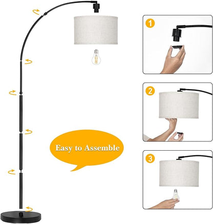 DWTB Black Arc Floor Lamps for Living Room,Modern Standing Lamp with Adjustable Drum Lampshade Tall Pole Lamp with Foot Switch Over Couch Arched Floor Light for Reading Bedroom 8W LED Bulb Included