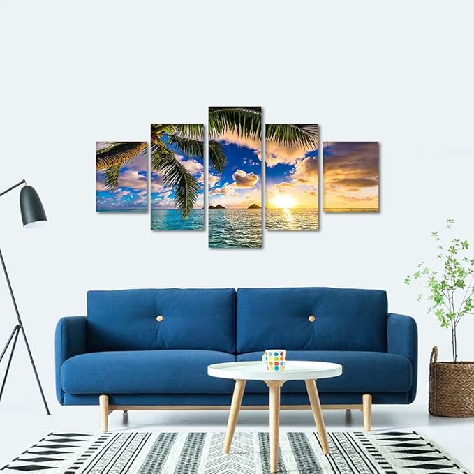 Beach Wall Art Modern Seascape Wall Pictures Sunrise Poster Ocean Artwork Ocean Pictures HD Print on Canvas Modern Home Office Decor for Living Room Bedroom Bathroom Wall Decoration Framed Ready to Hang - 60''W x 32''H