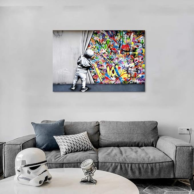 Yatsen Bridge Classic Street Art Banksy Graffiti Wall Art Behind The Curtain Posters Canvas Paintings Colorful Graffiti Pictures Prints Framed for Living Room Home Decor(36''W x 24''H)