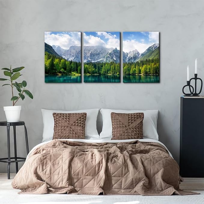 3 Pieces Nature Scenery Wall Art Decor Beautiful Landscape with Turquoise Lake Forest and Mountains Pictures Painting Print on Canvas Modern Artwork Stretched Framed Ready to Hang - 20"x28"x3 Panel