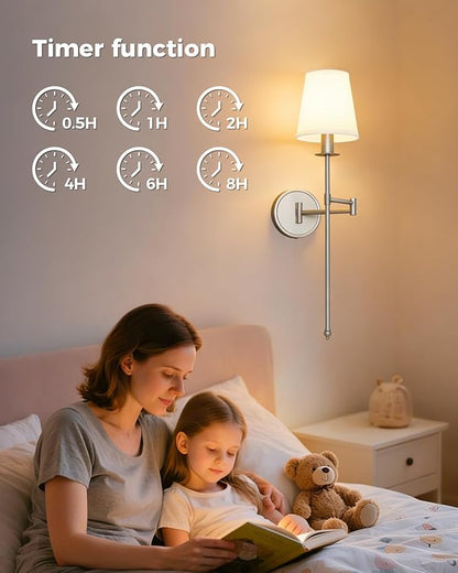 Joosenhouse Battery Operated Wall Sconces Set of 2, 24.8 Inch Brushed Nickel Wireless Dimmable Wall Lamp with Remote Control, Easy Install Wireless Lighting for Bedroom, Living Room, Hallway