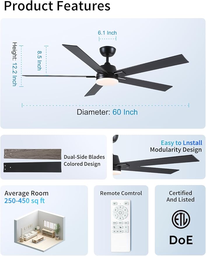Rayqueen 60 Inch Ceiling Fans with Lights and Remote, 6 Speed Reversible DC Motor, 3CCT Dimmable LED, Black Modern Ceiling Fan for Bedroom, Living room & Covered Outdoor,Includes Downrod