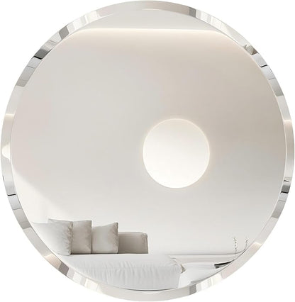 Frameless Round Wall Mirror: Decorative Mirrored Glass Vanity with Beveled Silver Edge for Bathroom Bedroom Livingroom Dining Room Entryway Hallway, 32 x 32 inch