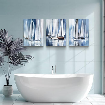3 Piece Framed canvas wall art for living room bathroom bedroom Wall Art Decor Ocean landscape sailboat abstract Canvas painting Ready to Hang Office Home Decoration sea poster Pictures Wall Artworks