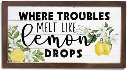 Lemon Decor Sign, Summer Home Decors, Kitchen Wall Art, Decorative Wooden Wall Plaque, Rustic Framed Wood Hanging Signs, Where Troubles Melt Like Lemon Drops Sign 15×7.5×0.3 inches
