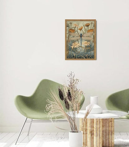 Framed Vintage 3D Textured Wall Art Green Dragonfly Flowers Wall Decor Hand Drawn Sandstone Nature Botanical Pictures for Living Room Bedroom 12x16 inch