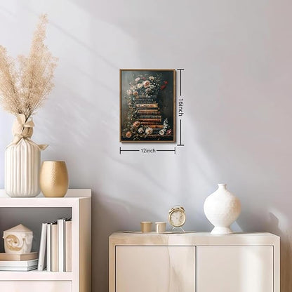 WALLZK Vintage Framed Wall Art Floral Books Canvas Prints Library Antique Literary Retro Decor Botanical Pictures Artwork for Walls Living Room Study Bedroom Bathroom 12"x16"