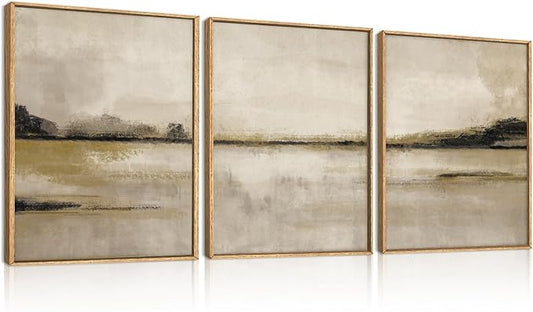 KAIRNE Neutral Abstrcat Landscape Framed Canvas Wall Art Set, Retro Mountain Lake Wall Decor, Vintage Tan Scenery Art Prints, Modern Nature Artwork for Living Room,Bedroom,Farmhouse,Office-12 x16 x3