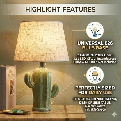 Cactus Lamp, Cute Modern Desk Lamp with Fabric Lampshade & Ceramic Base, Adorable Night Light for Bedroom Nightstand
