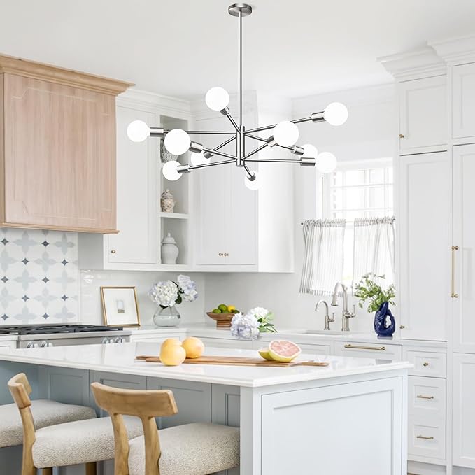 10.9"-52.3" Height Adjustable Sputnik Chandeliers Dining Room Light Fixture (10-Light, 32-Inch), Modern Brushed Nickel Chandelier, Mid Century Modern Chandeliers for Living Room (Bulbs Not Included)