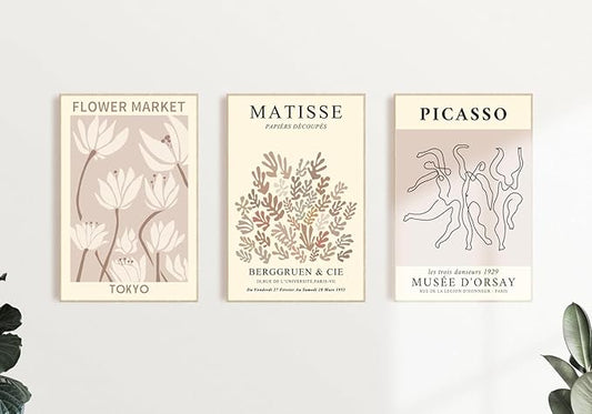 MINI ZOZI Matisse Wall Art Flower Market Prints 12x16 3PCS Picasso Wall Decor Large Canvas Beige Posters Trendy Funky Aesthetic Abstract Line Minimalist Poster Danish Pastel Painting Bedroom Printing Neutral