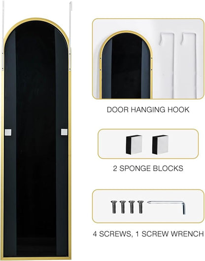 KOMCOTE Full Length Mirror 48x14 Inches - Over The Door Hanging Mirror for Bedroom, Living Room, Closet - Arch Floor Mirror, Door Mirror with Gold Frame - No Drill Easy Install