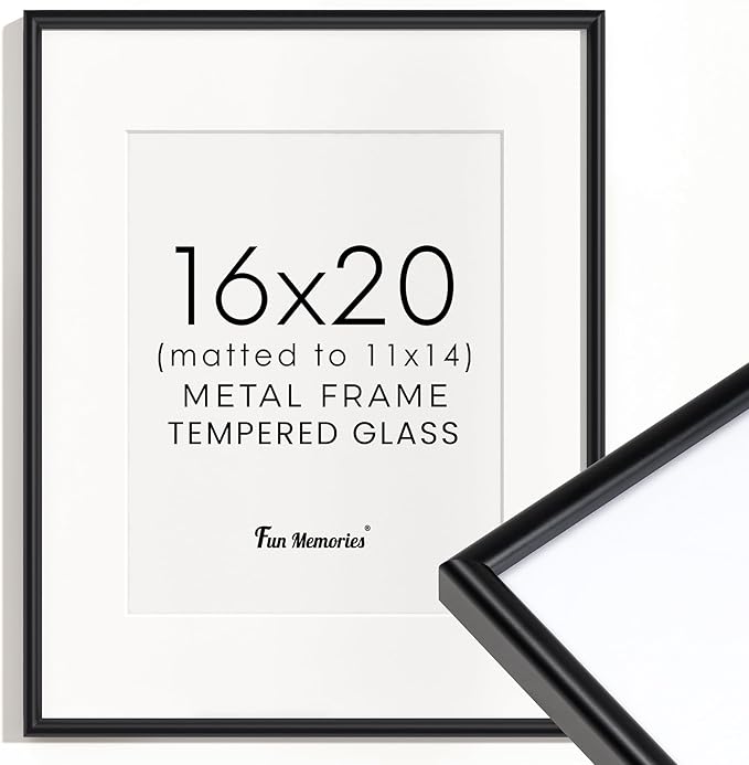 Fun Memories 16x20 Aluminum Picture Frame Black, 16"x20" Frame for Wall with Real Glass, 16 x 20 Black Metal Frame, 16x20 Picture frame Matted to 11x14