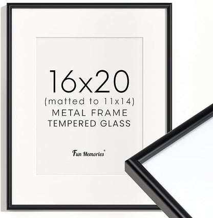 Fun Memories 16x20 Aluminum Picture Frame Black, 16"x20" Frame for Wall with Real Glass, 16 x 20 Black Metal Frame, 16x20 Picture frame Matted to 11x14