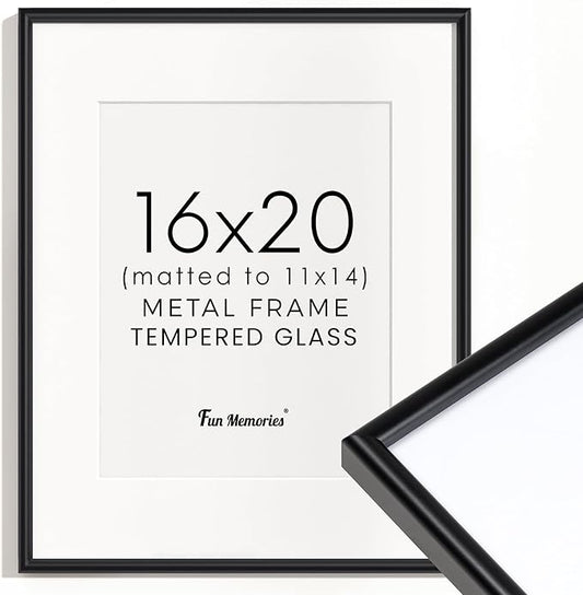 Fun Memories 16x20 Aluminum Picture Frame Black, 16"x20" Frame for Wall with Real Glass, 16 x 20 Black Metal Frame, 16x20 Picture frame Matted to 11x14