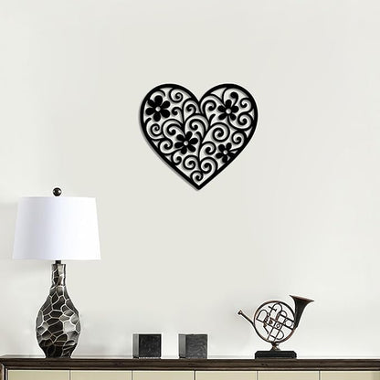 Vineland Black Metal Heart Wall Art, 11.8 Inch Modern Minimalist Sculpture, Floral Pattern Design for Living Room Bedroom Bathroom, Matte Finish Boho Home Decor