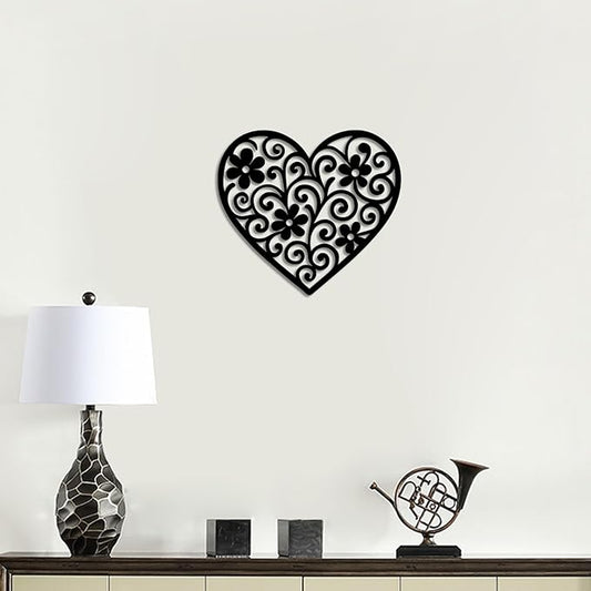 Vineland Black Metal Heart Wall Art, 11.8 Inch Modern Minimalist Sculpture, Floral Pattern Design for Living Room Bedroom Bathroom, Matte Finish Boho Home Decor