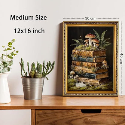 WZGZXU Vintage Gold Framed Wall Art Botanical Wall Decor Dark Academia Canvas Art Cottagecore Stack Books Pictures Gothic Prints Moody Paintings For Bedroom Study Room Library 12x16in