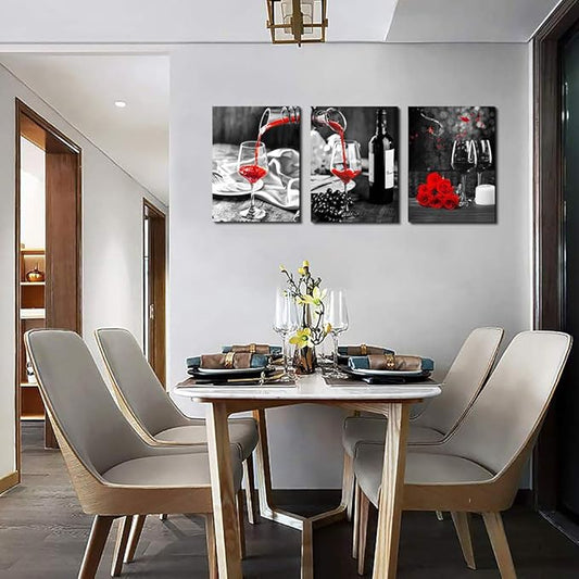 Kitchen Wall Art For Dining Room Wall Decor Still Life Black And White Canvas Art Prints Wine Barrel Bar Red Rose Painting Modern Family Wall Decorations Restaurant Bedroom Decor Artwork 3 Piece Set