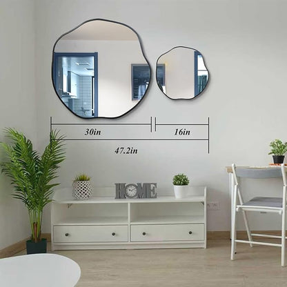 POZINO Irregular Shaped Mirror, 16" Small Asymmetrical Mirrors, Black Scalloped Rounded Mirror, Modern Frameless Abstract Mirrors for Bathroom Living Room Bedroom Entryway Fireplace