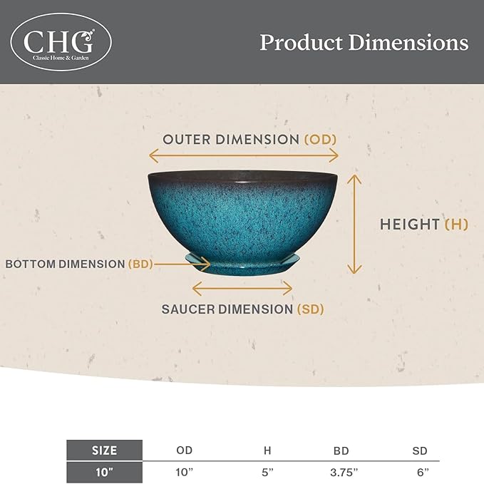 Classic Home and Garden by Growscape Rosie Modern Planter w/Drainage - Contemporary Planter Bowls - Shallow Round Vases for Small Plants - Versatile Indoor & Outdoor Pots (10” Earth)