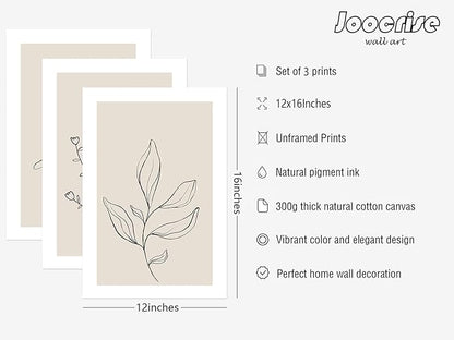 Joocrise Botanical Wall Art Decor Set of 3 Neutral Wall Decor Boho Beige Canvas Wall Art Botanical Minimalist Pictures Botanical Neutral Prints Beige Boho Artwork for Room Bedroom 12x16 Inch Unframed