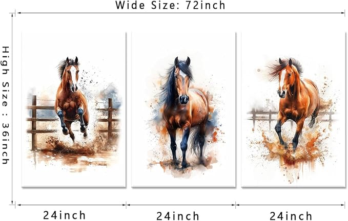 Horses Wall Art 3 Panels Watercolor Animals Pictures Prints Artwork Running Horses Posters Wall Decor Living Room Bedroom Home Office Decor, Framed 24" W x 36" H x 3pcs