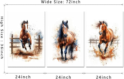 Horses Wall Art 3 Panels Watercolor Animals Pictures Prints Artwork Running Horses Posters Wall Decor Living Room Bedroom Home Office Decor, Framed 24" W x 36" H x 3pcs