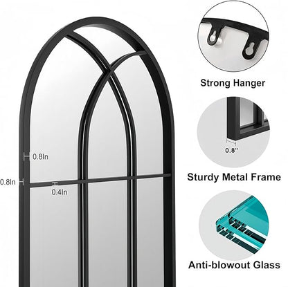 Prywot Full Body Mirror, 65"x22" Arched Window Pane Mirrors for Wall Decor, Black Full Body or Wall Mounted Mirrors, Farmhouse Standing Mirror Hanging or Leaning for Living Room, Entryway, No Stand