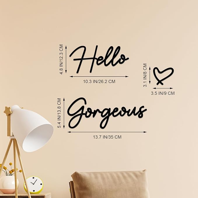 Hello Gorgeous Metal Wall Art Decor Minimalist Metal Words Hello Gorgeous Sign Farmhouse Decor for Home Bathroom Vanity or Makeup Room Living Room Bedroom Office Hotel Wall Decoration (Black)