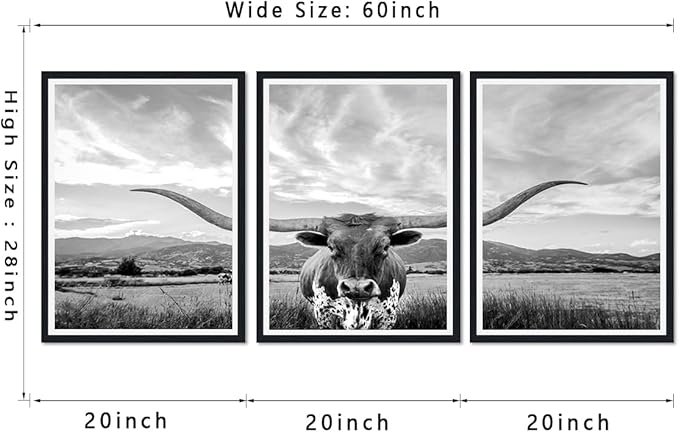 3 Pieces Highland Cow Framed Canvas Wall Art Vintage Gray Farmhouse Cow Picture for Bathroom Wall Decor Animal Print Artwork for Country House Living Room Decoration Easy to Hand 16x24inchx3pcs
