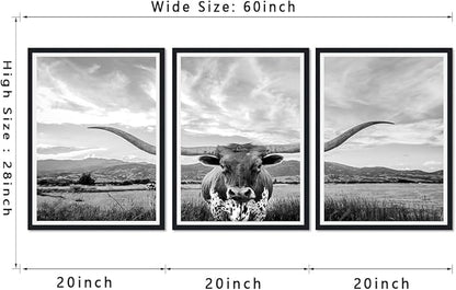 3 Pieces Highland Cow Framed Canvas Wall Art Vintage Gray Farmhouse Cow Picture for Bathroom Wall Decor Animal Print Artwork for Country House Living Room Decoration Easy to Hand 16x24inchx3pcs